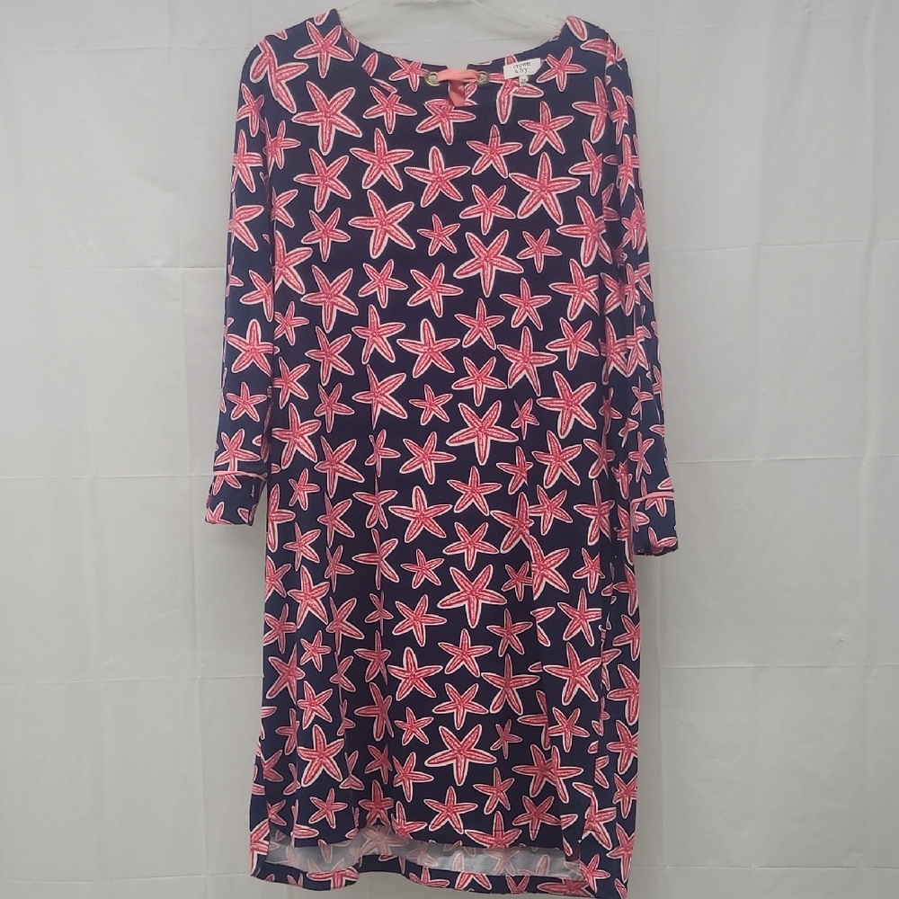 Long Sleeve Dress Navy Blue Coral Starfish Crew Neck Calf Length Coastal Novelty